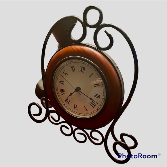 Other - Table Mantle Clock Wood & Black Wrought Iron Battery Operated Time Piece